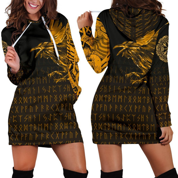 Viking Hoodie Dress The Raven Of Odin Rune Gold