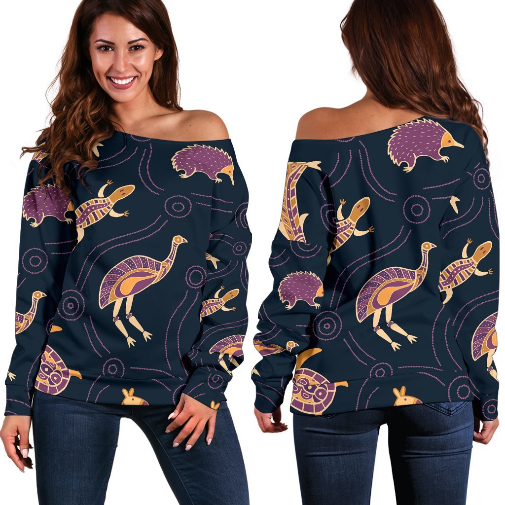 Women's Off Shoulder Sweater - Indigenous Animals Patterns