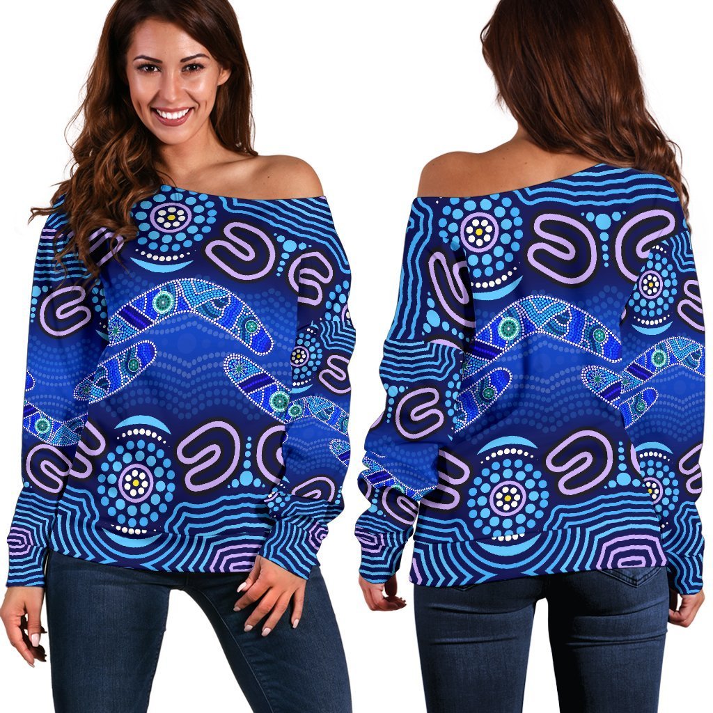 ABoriginal Women's Off Shoulder Sweater - Boomerangs And Dot Painting Art Ver02