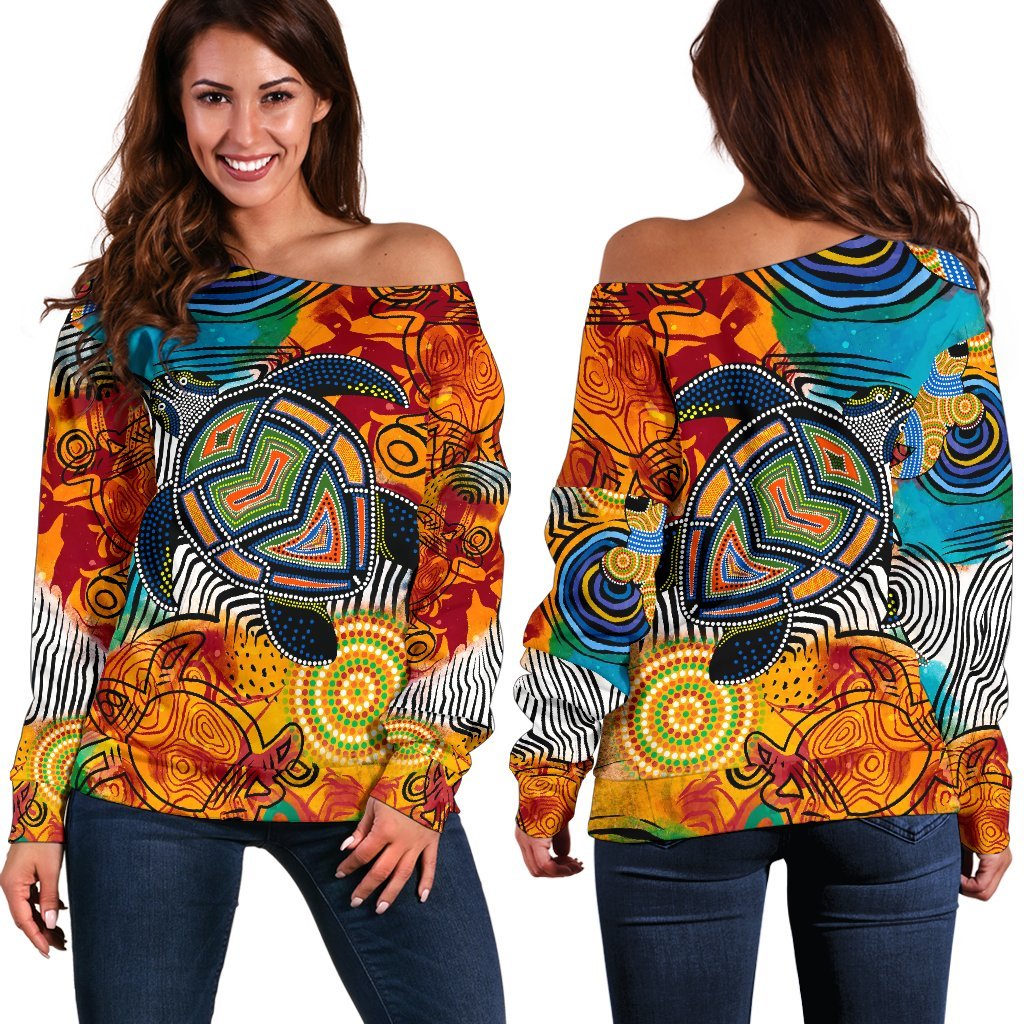 Aboriginal Off Shoulder Sweater - Turtle Indigenous Art