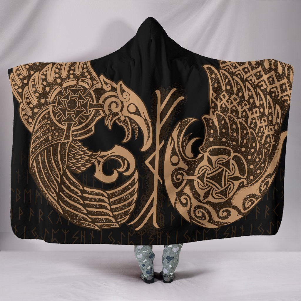 Viking Hooded Blanket Raven Tattoo Orange Style