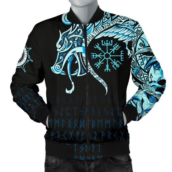 Viking Bomber Jacket Fenrir Raven And Vegvisir Tattoo Cyan Style Ver01