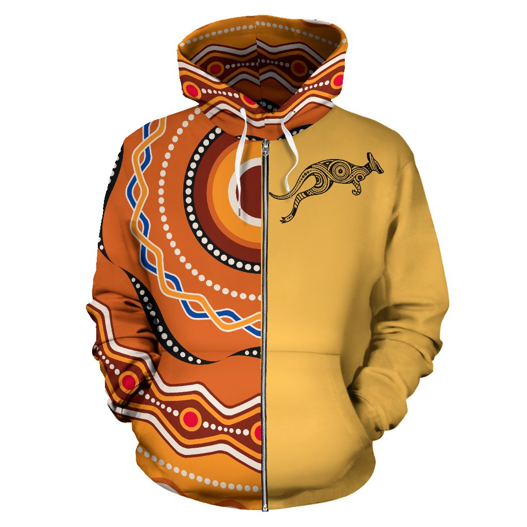 Aboriginal Zip Hoodie - Kangaroo Dot Painting Australia Patterns