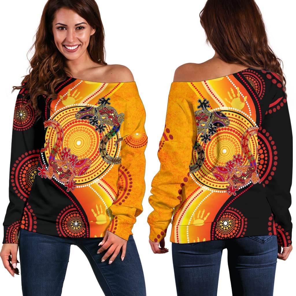 Aboriginal Women's Off Shoulder Sweater - Couple Aboriginal Lizards