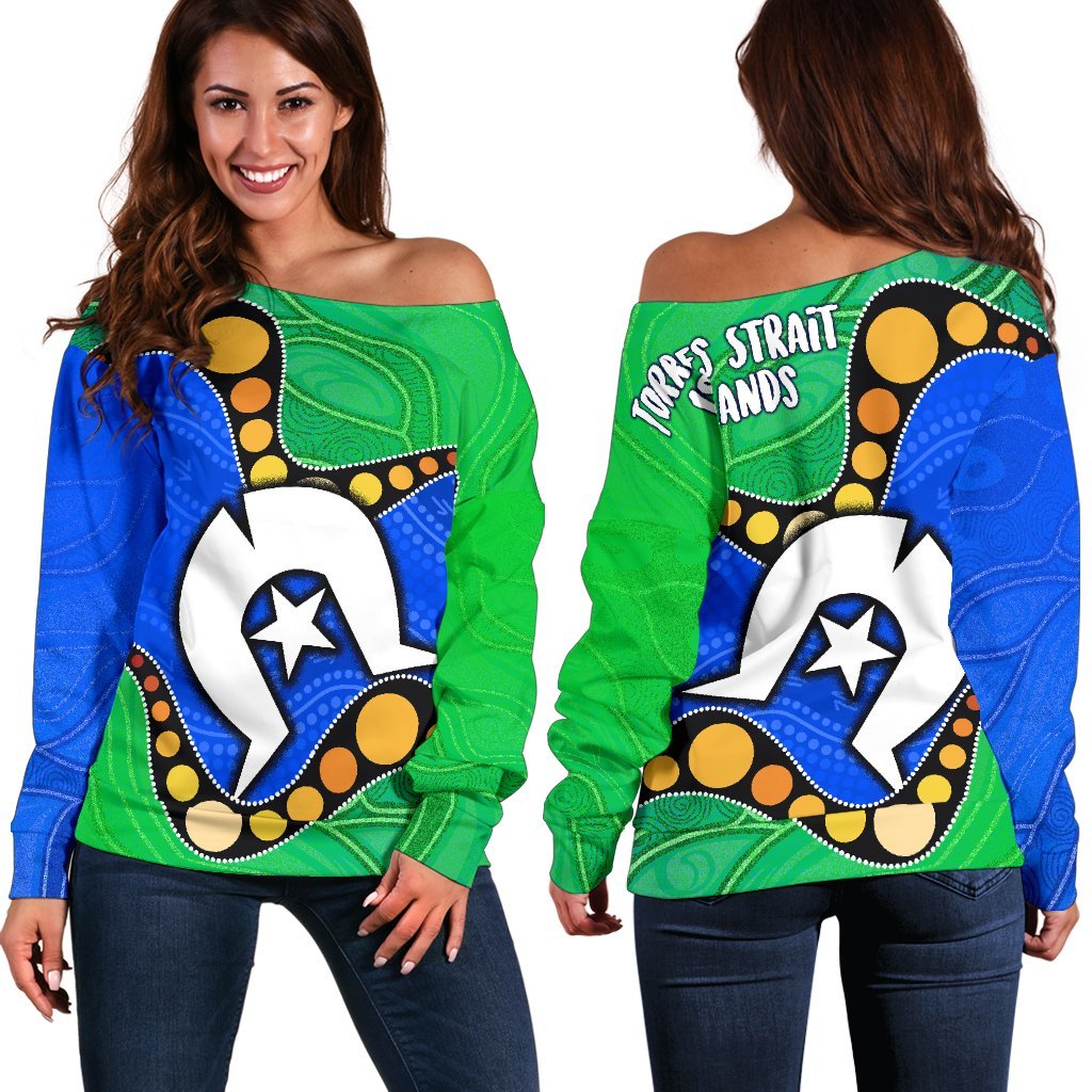 Torres Strait Islands Women's Off Shoulder Sweater - Flag with Aboriginal Patterns