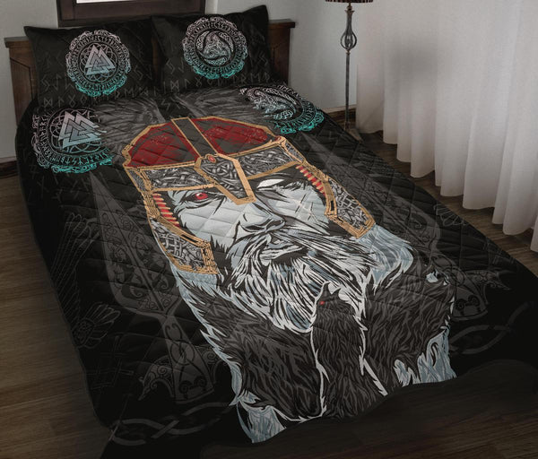 Viking Quilt Bedding Set Odin Valknut and Triple Horn