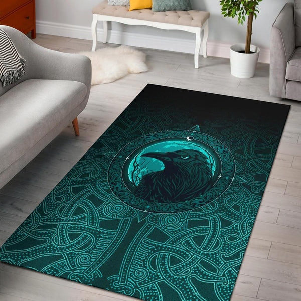 Viking Area Rug Ethnic Odin Raven Cyan