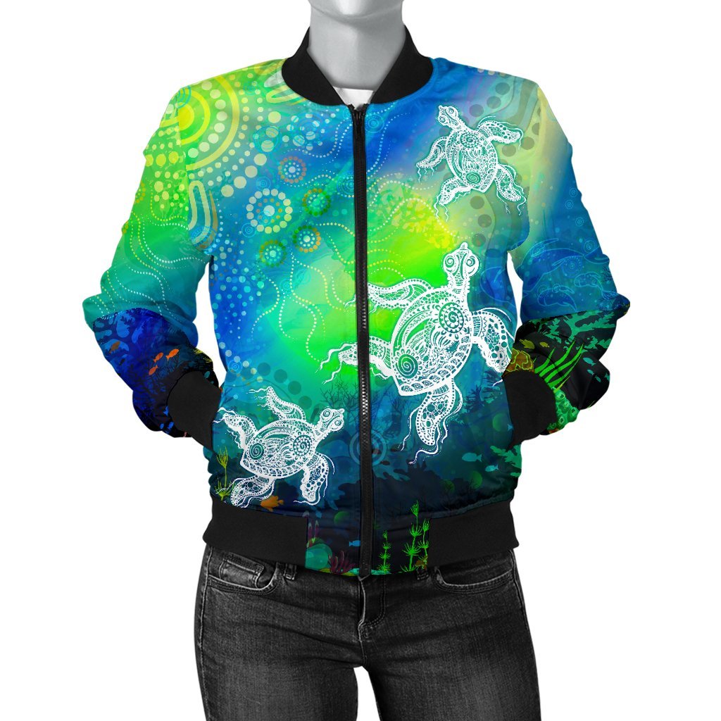 Aboriginal Bomber Jacket - Indigenous Turtle Ocean Dot Painting Art