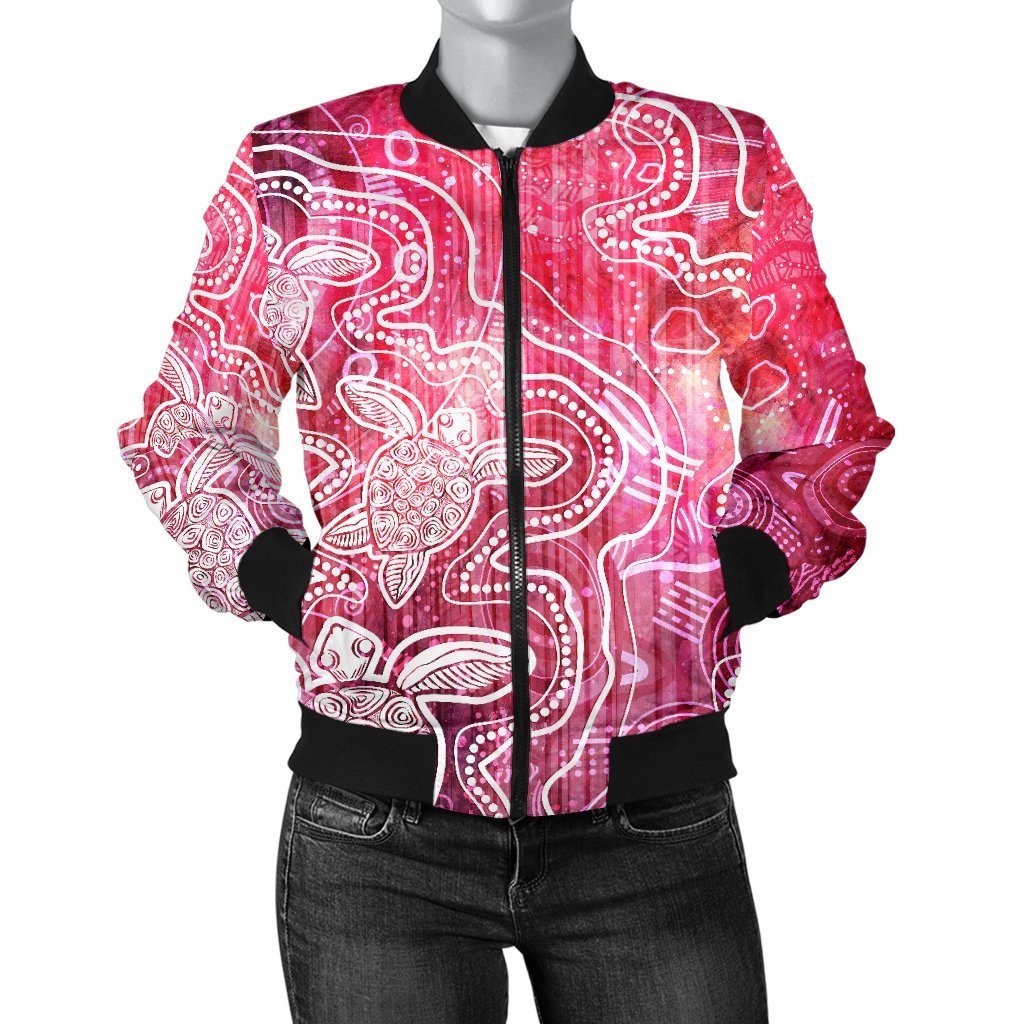 Aboriginal Bomber Jacket - Sea Turtle With Indigenous Patterns (Pink)