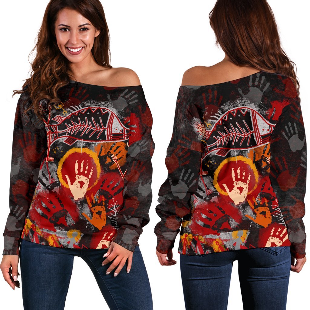 Aboriginal Women's Off Shoulder Sweater- Indigenous Fish Hand Art