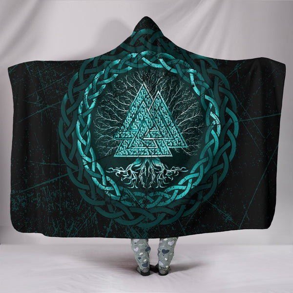 Viking Hooded Blanket Celtic And Valknut and Tree of Life Yggrdrasil Ver01