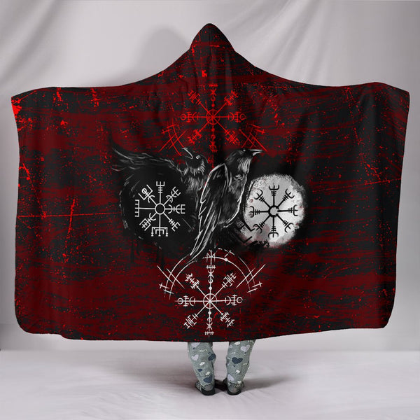 Viking Hooded Blanket Raven of Odin and Symbol Viking on Blood Background Ver02