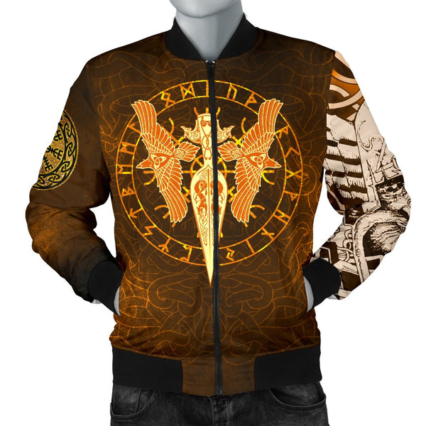 Viking Bomber Jacket Gold Spear Of The God Odin Gungnir And Two Gold Ravens