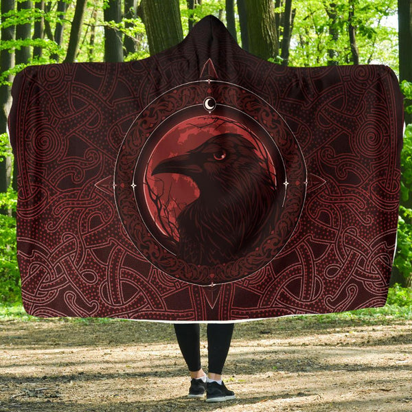 Viking Hooded Blanket Ethnic Odin Raven Red