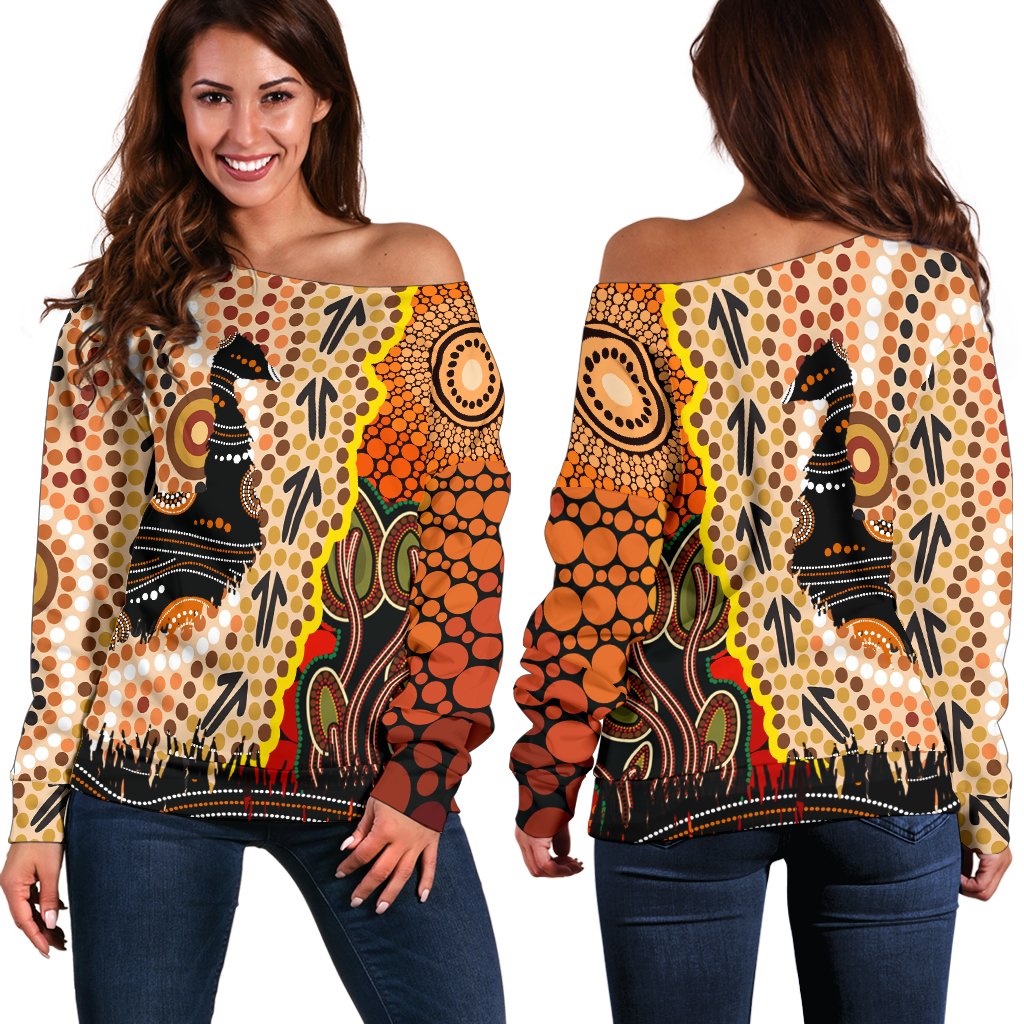 Off Shoulder Sweater - Australian Aboriginal Sun and Emu