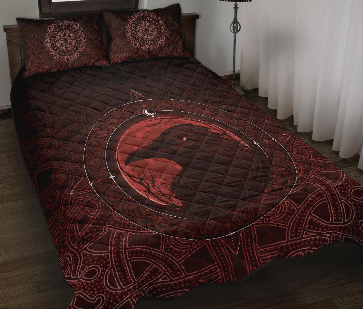 Viking Quilt Bedding Set Ethnic Odin Raven Red