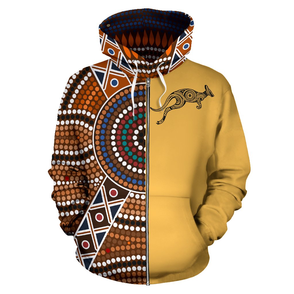 Aboriginal Zip Hoodie - Kangaroo Patterns Circle Dot Painting