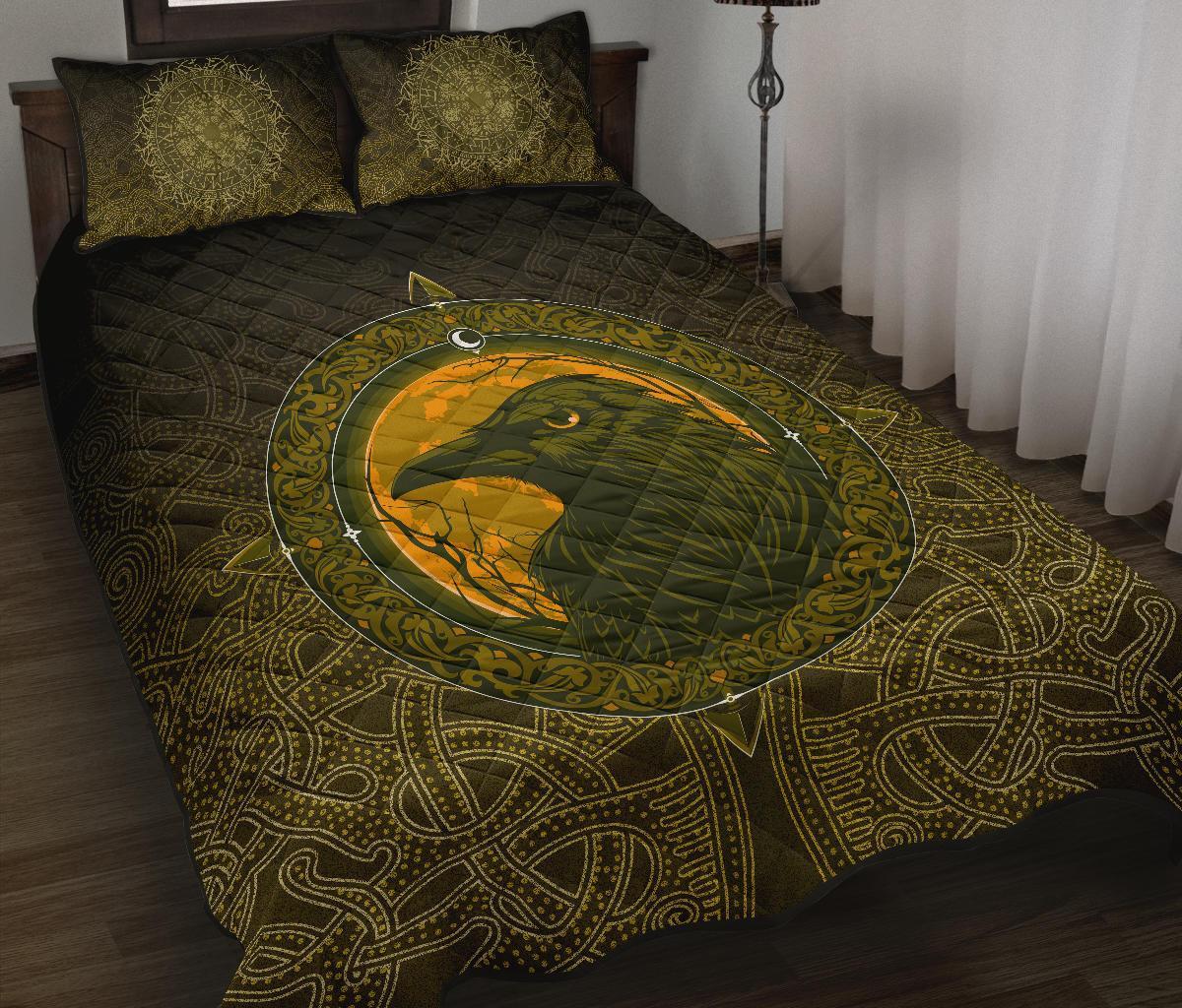 Viking Quilt Bedding Set Ethnic Odin Raven Gold