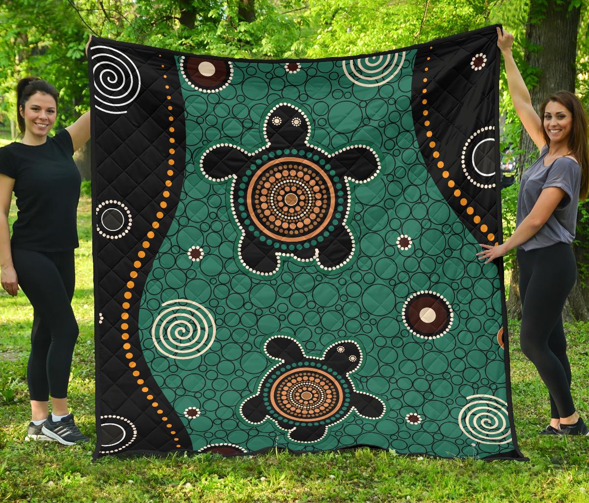 Aboriginal Premium Quilt - Australia Green Turtle Dot Painting Art