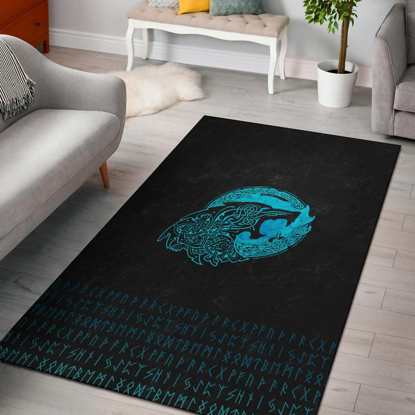 Viking Area Rug Fenrir Wolf Cyan