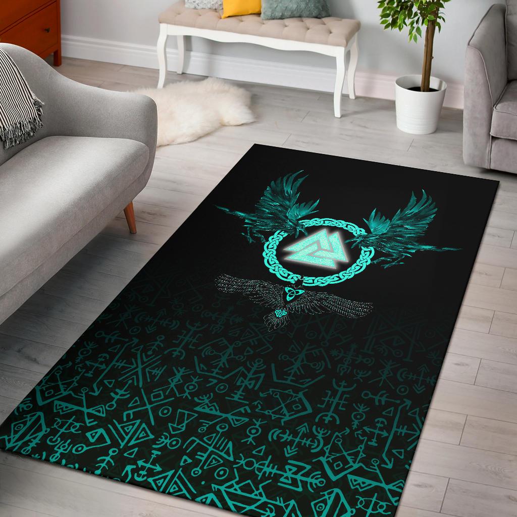 Viking Area Rug Three Raven and Valknut Cyan