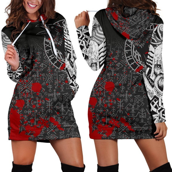 Viking Hoodie Dress Odin Raven Rune Futhark Blood