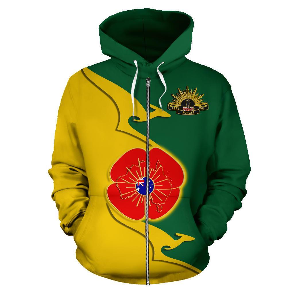 Anzac Zip Hoodie - Lest We Forget Poppy Map Kangaroo