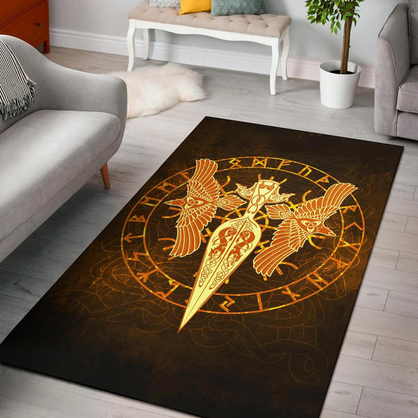 Viking Area Rug Gold Spear Of The God Odin Gungnir And Two Gold Ravens