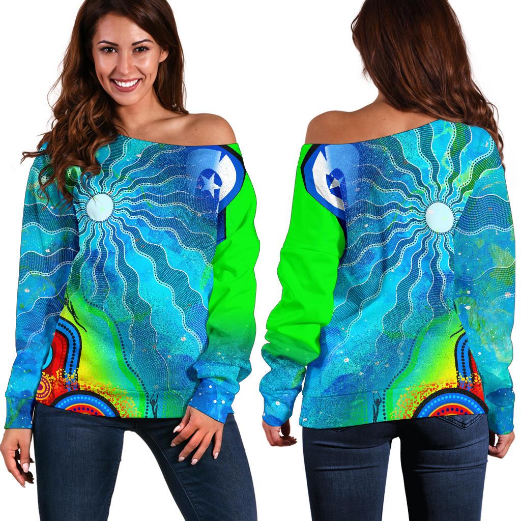 Off Shoulder Sweater - Torres Strait Islanders Flag with Aboriginal Patterns Sweater