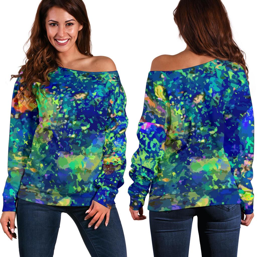Australia Women's Off Shoulder Sweater - Opal Gemstone Sweater Color Art