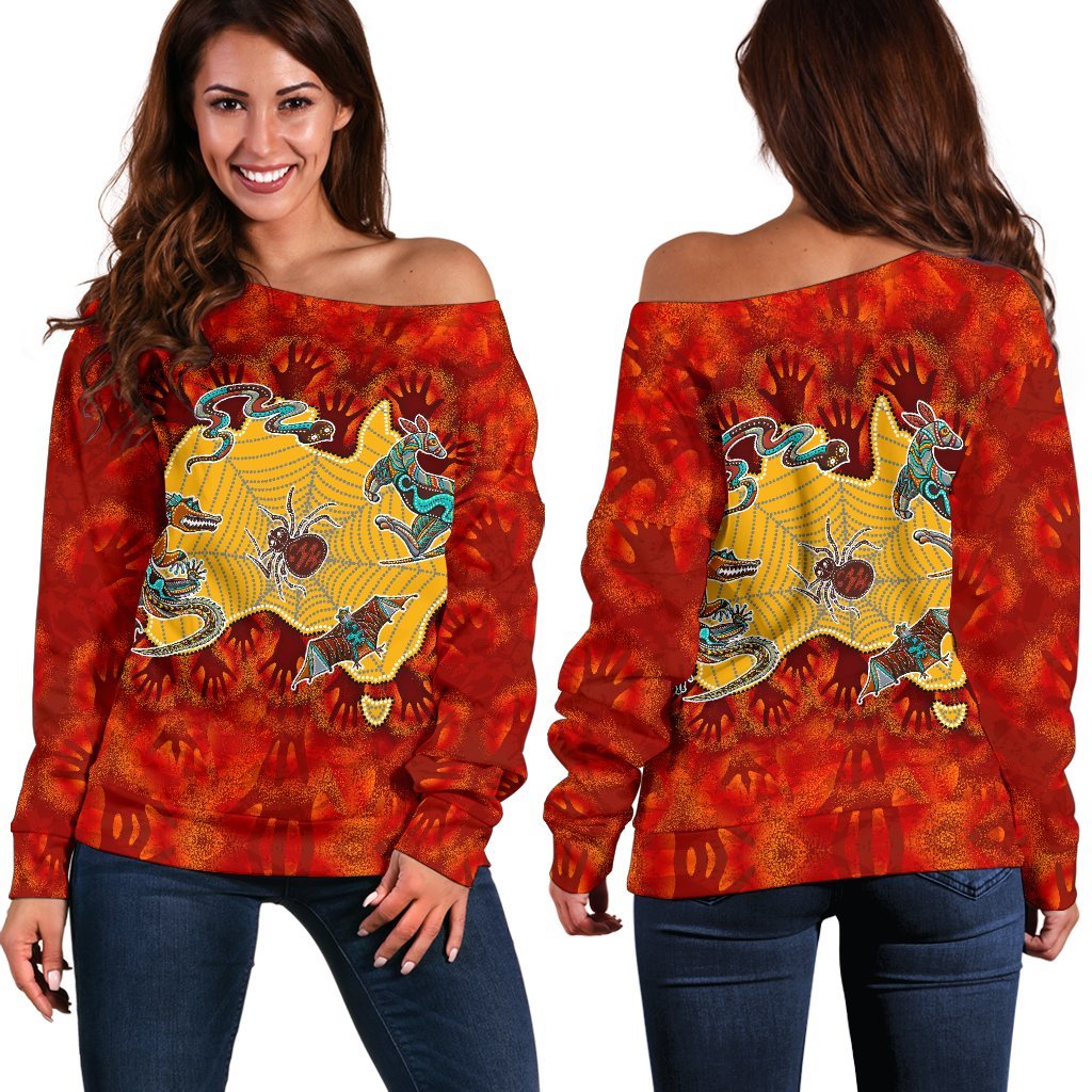 Aboriginal Women's Off Shoulder Sweater - Australia Map Hand Patterns Spider Web