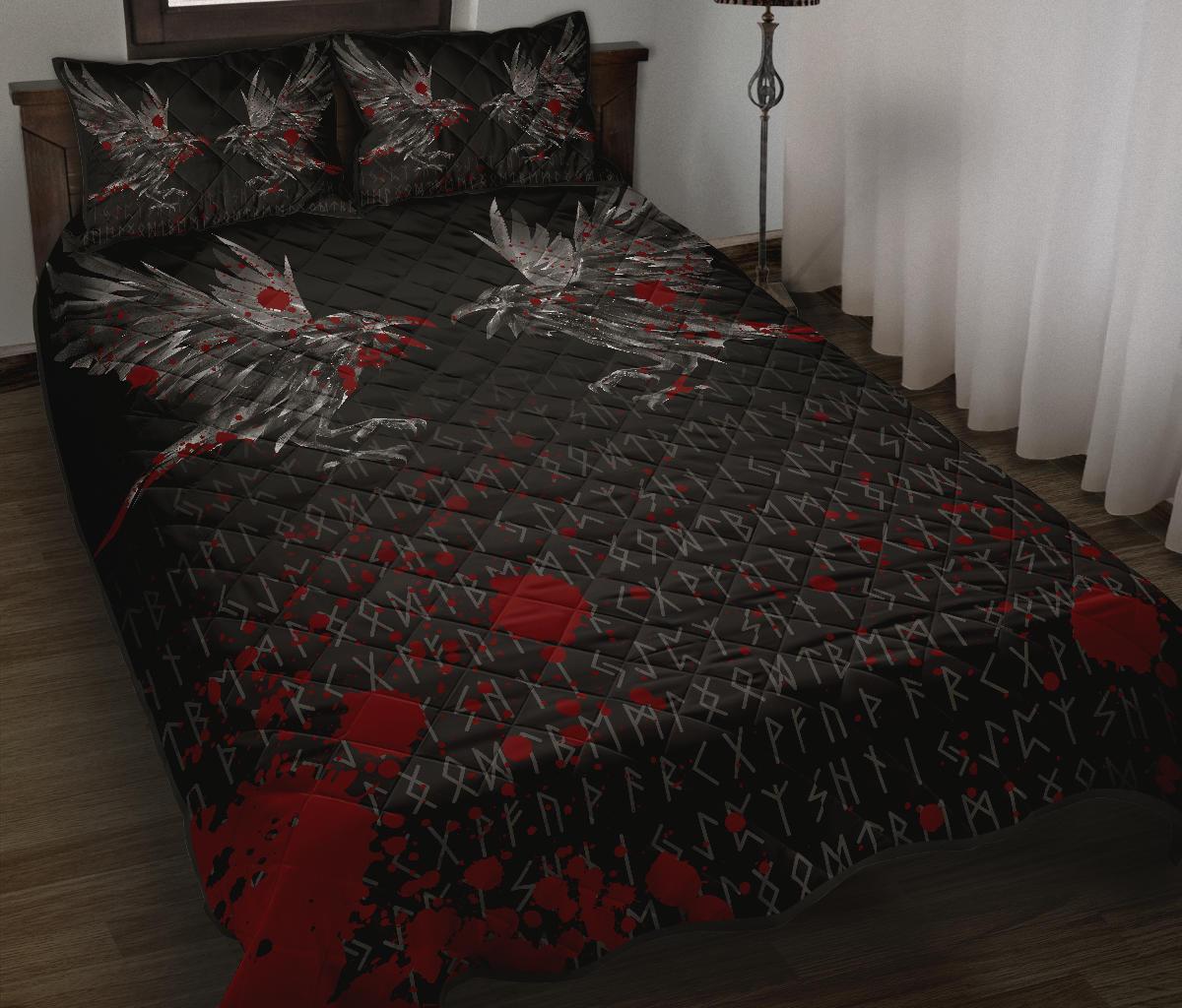 Viking Quilt Bedding Set Odin Huginn and Muninn Rune Blood