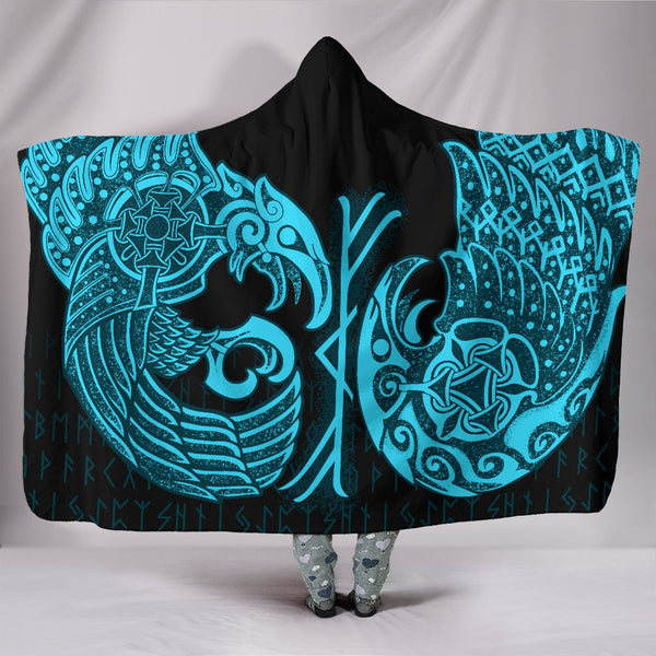 Viking Hooded Blanket Raven Tattoo Cyan Style