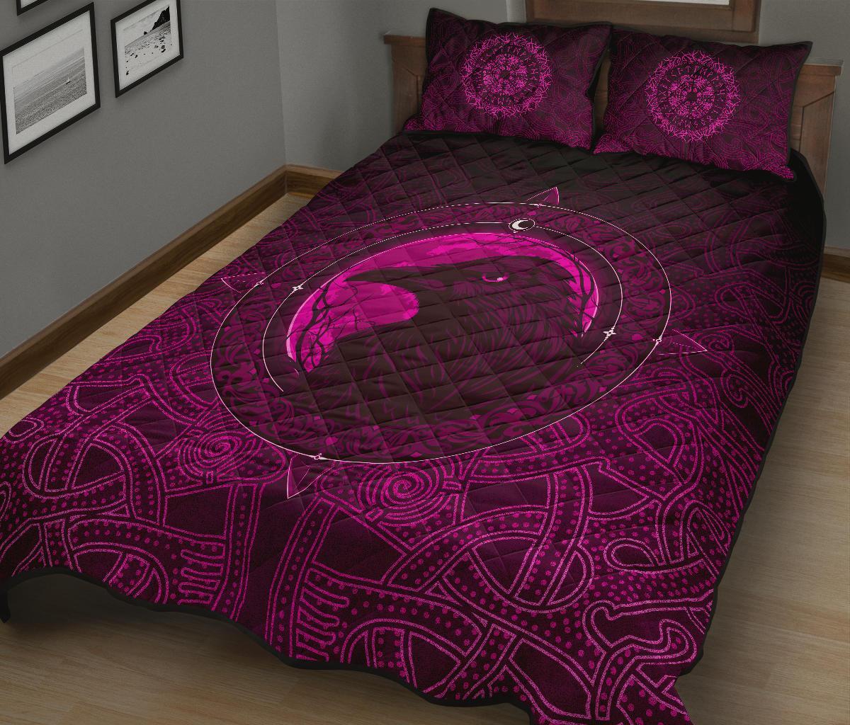 Viking Quilt Bedding Set Ethnic Odin Raven Pink