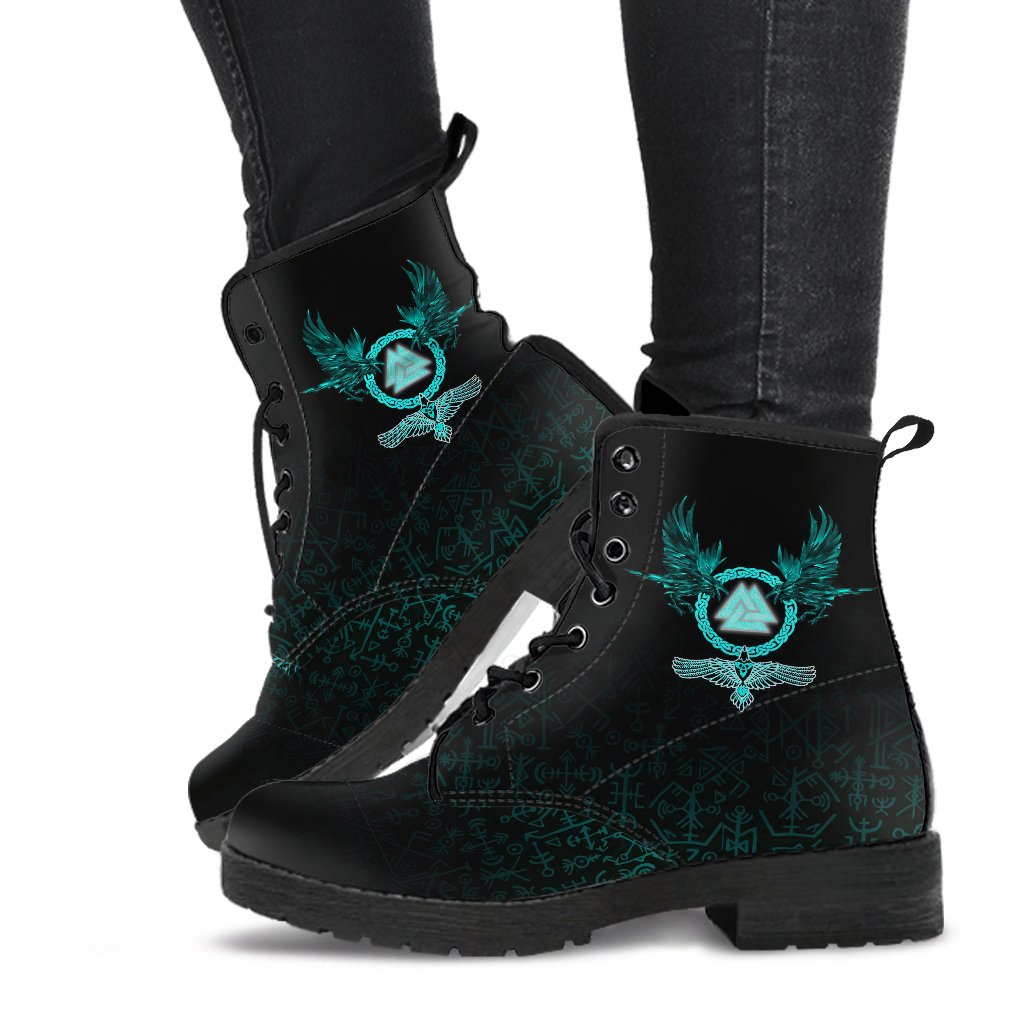 Viking Leather Boots Three Raven and Valknut Cyan