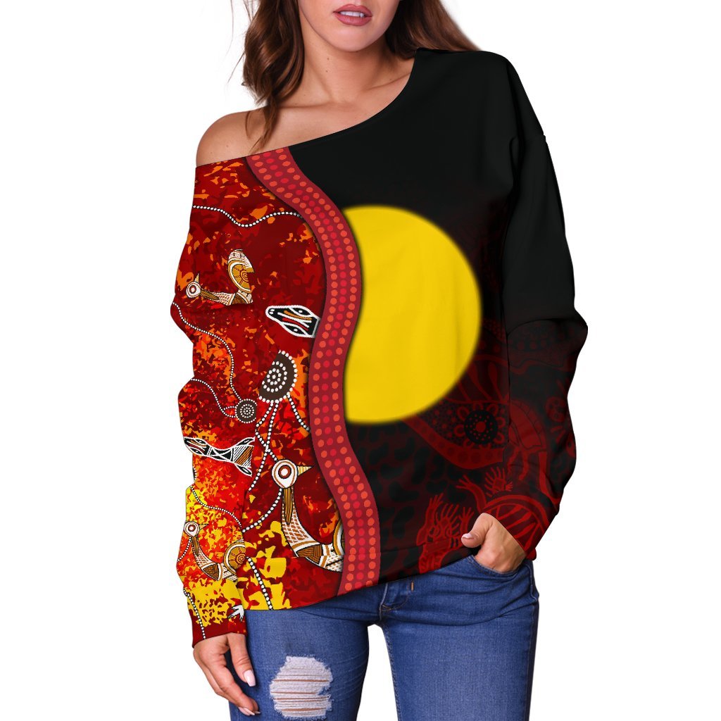 Aboriginal Women's Off Shoulder Sweater - Red Indigenous Flag