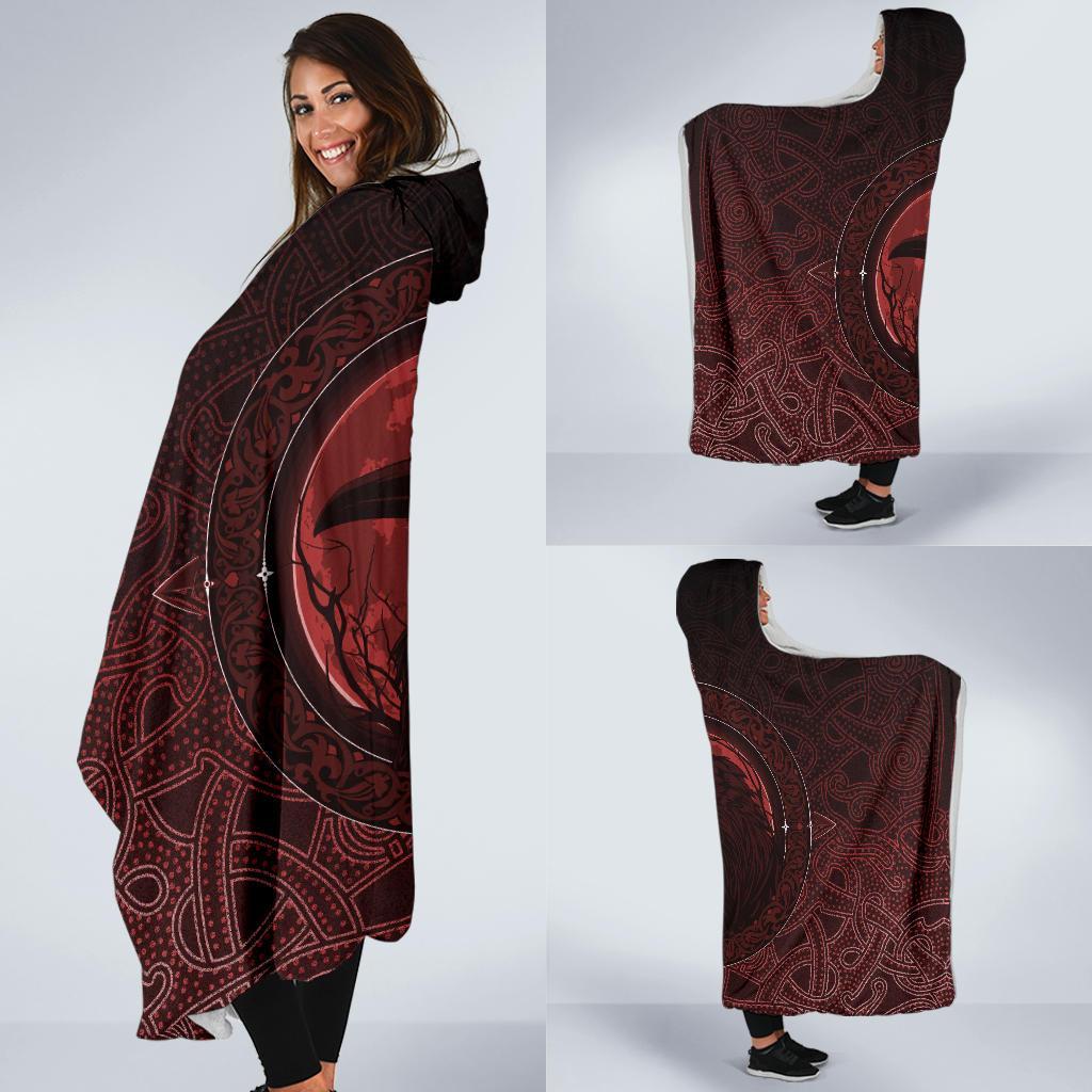 Viking Hooded Blanket Ethnic Odin Raven Red