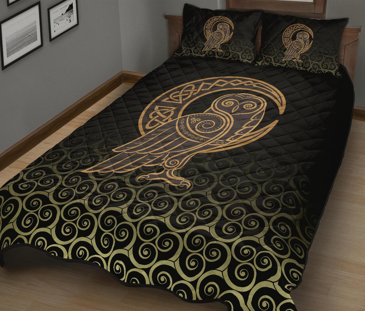 Viking Quilt Bedding Set Owl Celtic On Triskels Background