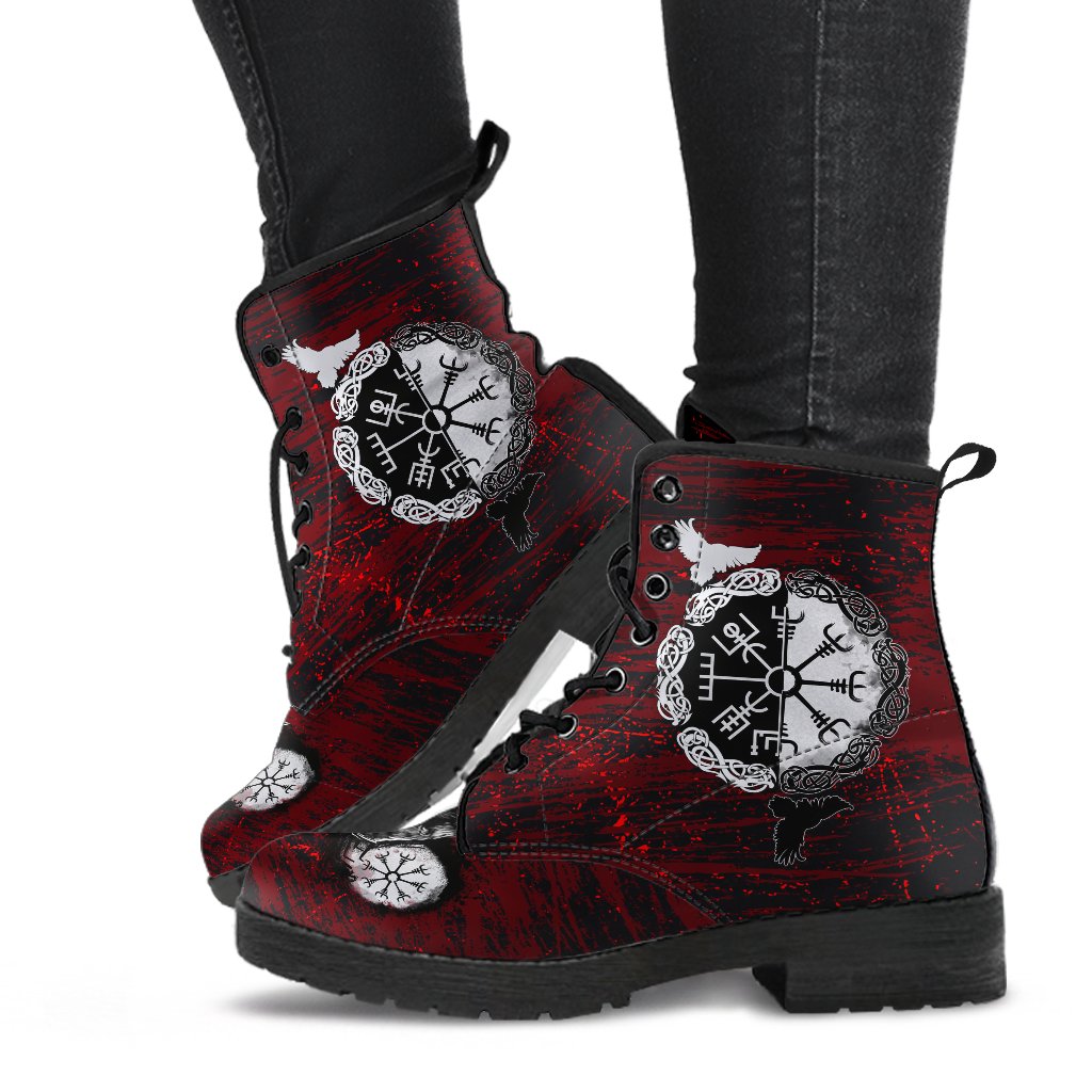 Viking Leather Boots Raven of Odin and Symbol on Blood Background Style Ver01