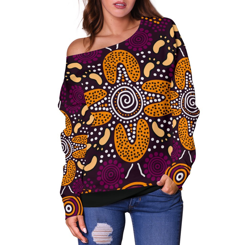 Aboriginal Women's Off Shoulder Sweater - Flowers Dot Panting Art