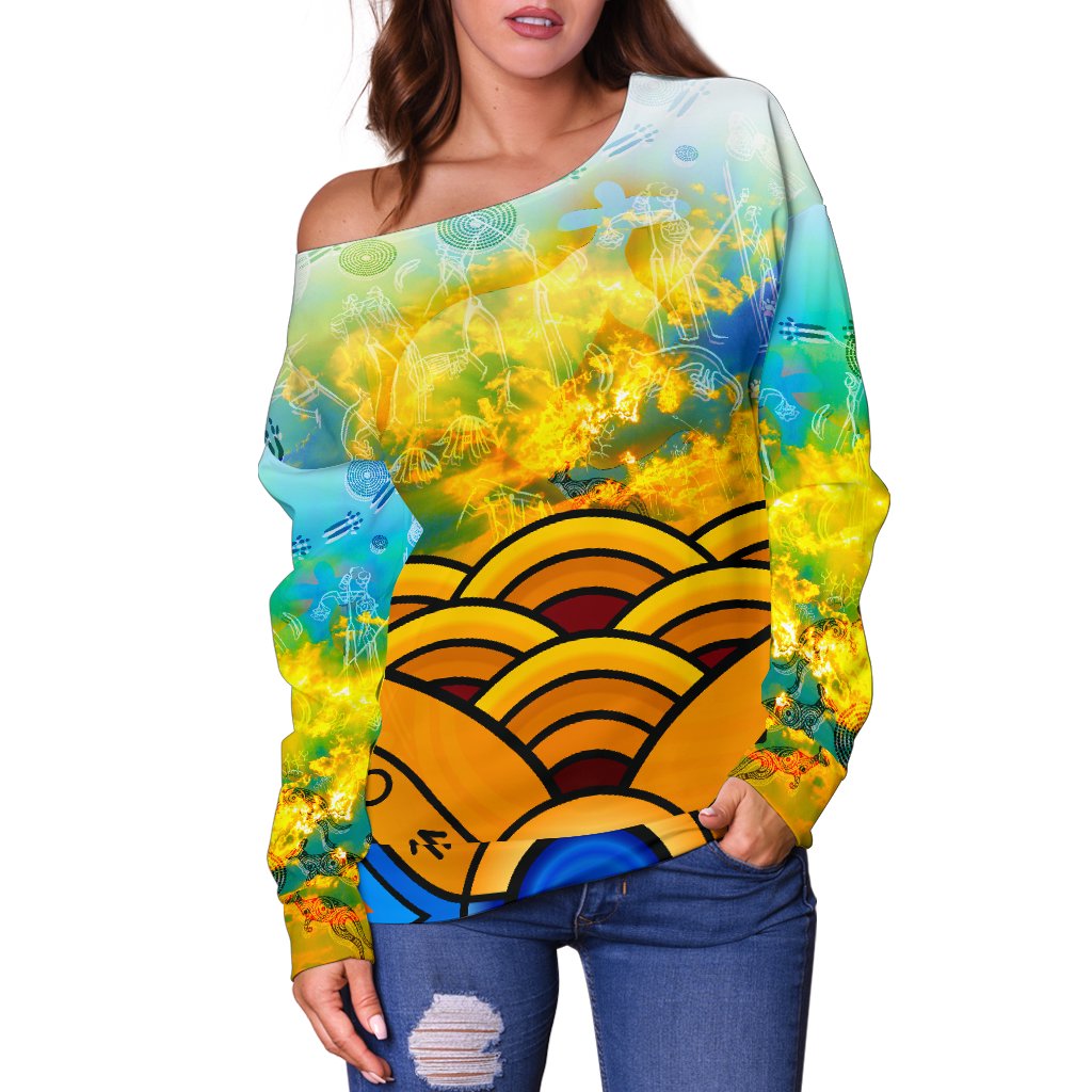 Aboriginal Women's Off Shoulder Sweater, Australia Kangaroo Sky