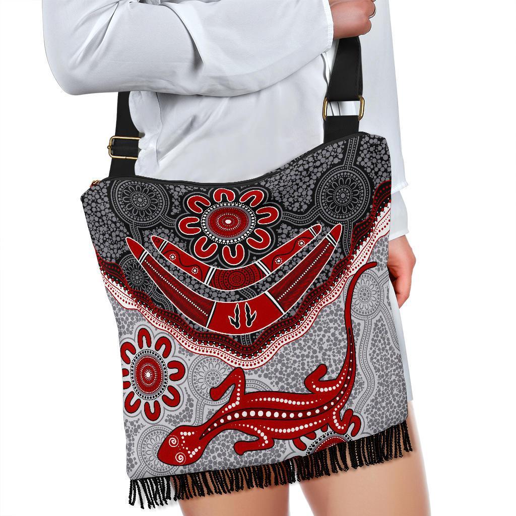 Aboriginal Crossbody Boho Handbag - Indigenous Boomerang and Lizard Art