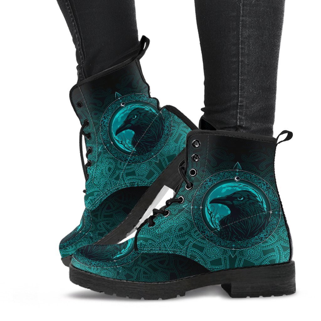 Viking Leather Boots Ethnic Odin Raven Cyan