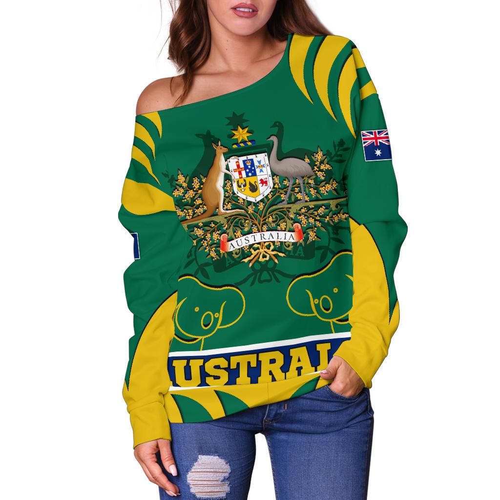 Women's Off Shoulder Sweater - Australian Coat Of Arms Shorts Koala