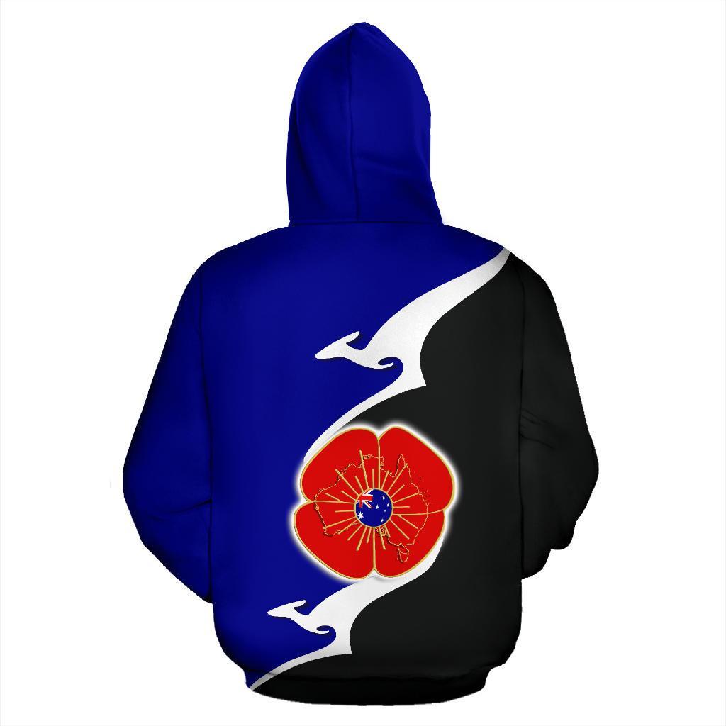 Anzac Zip Hoodie - Lest We Forget Poppy Map Kangaroo Blue