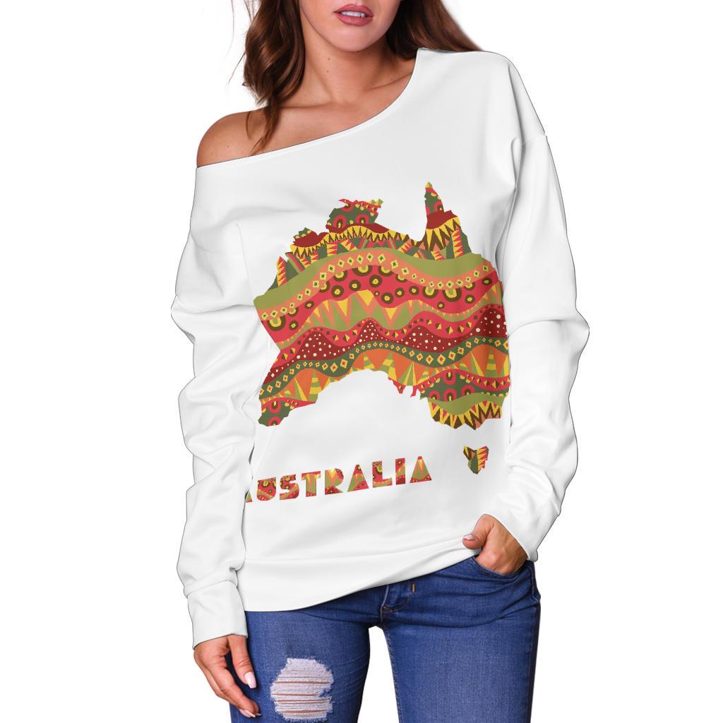 Women's Off Shoulder Sweater - Australia Map Sweater Kangaroo Aboriginal Patterns