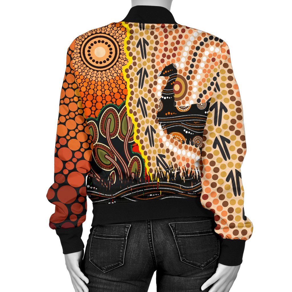 Women Bomber Jacket - Australian Aboriginal Sun and Emu