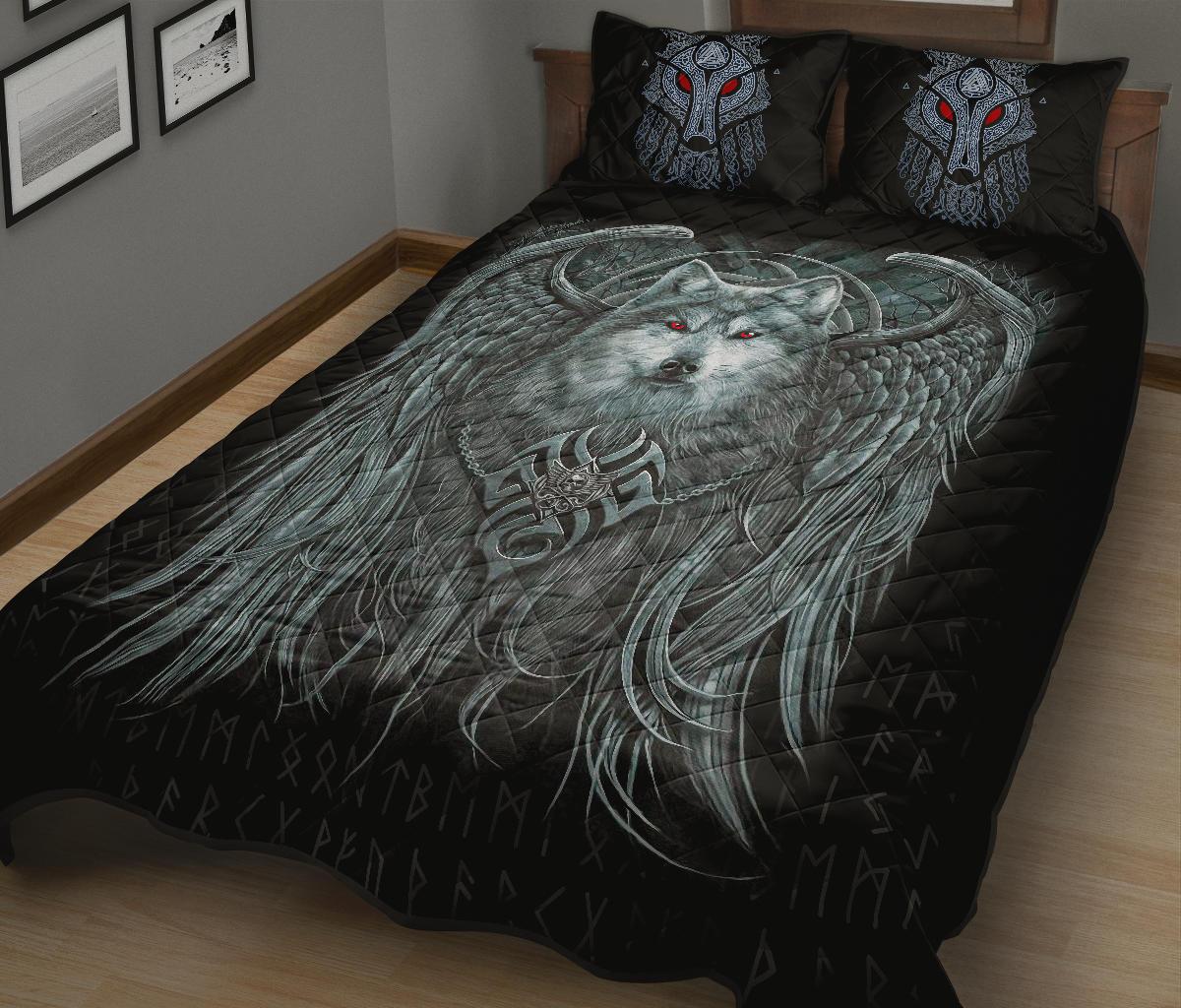 Viking Quilt Bedding Set Spiral Wolf Spirit