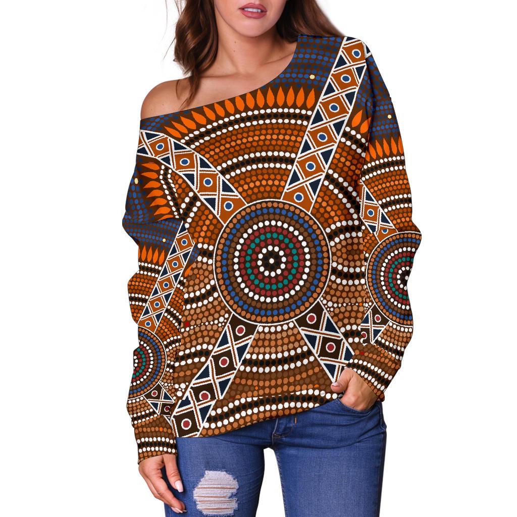 Women's Off Shoulder Sweater - Aboriginal Dot Painting Sweater Ver01