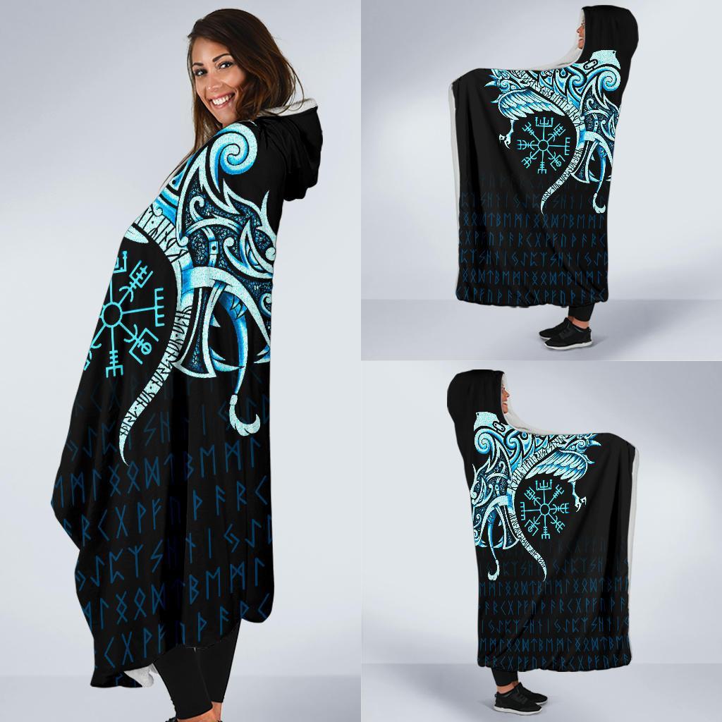 Viking Hooded Blanket Economy Fenrir Raven And Vegvisir Tattoo Cyan